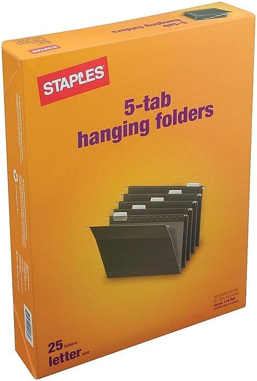 Staples Hanging File Folders, 1/5-Cut Tab, Letter Size, Includes Tabs & Paper Inserts, Perfect for Home, Office, Classroom, 25-Pack, Green