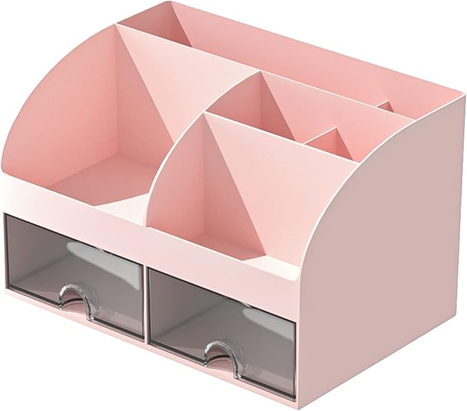 Desk Organizer with 6 Compartments and 2 Drawers, Plastic Makeup Organizer, Pen Holder for Desktop Storage, Desk Organization for School, Home, Office Supplies (Pink)