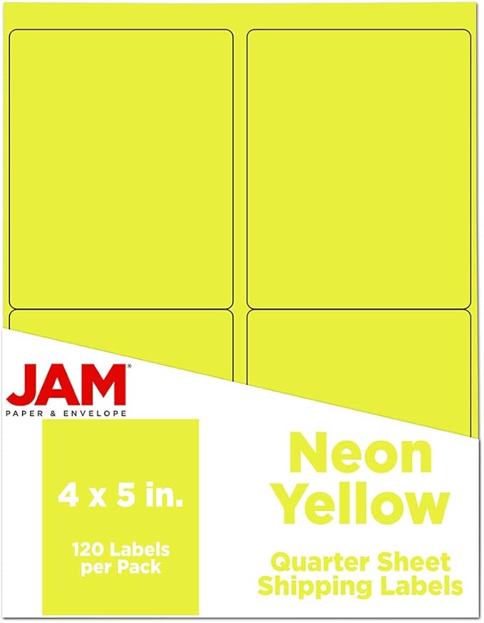 JAM PAPER Shipping Address Labels - 4 x 5 - Quarter Page/Extra Large - Assorted Bright Neon Colors - 360/Pack
