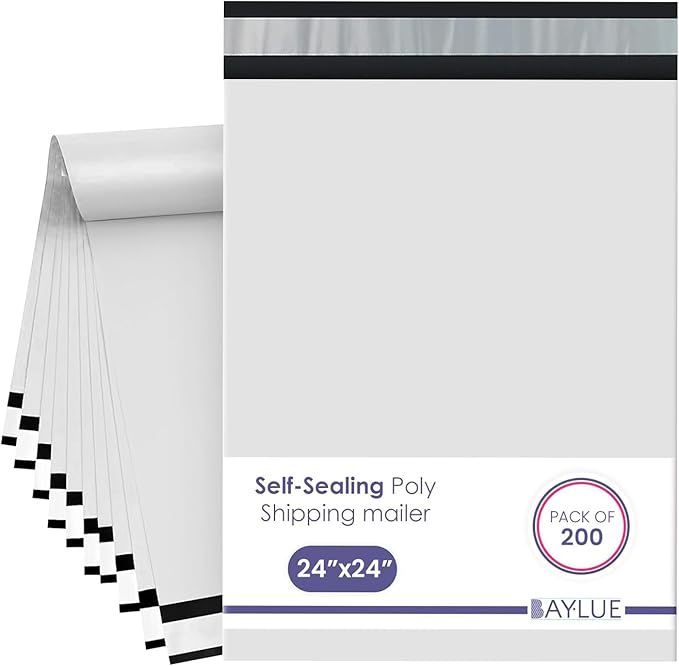 White Extra Large Poly Mailers 24x24 Inch | Strong Adhesive Self-Seal Mailer Bag | Tear Tamper Water Resistant Shipping Envelopes, Thick Strong polymailer Bags XL Clothing Shipping Bags | 200 Pcs Bulk