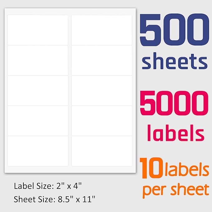 MPRT 2" x 4" Shipping Address Labels 5000 Label Stickers Paper for Laser & Inkjet Printer 10 per Page Printable Mailing Labels - Matte, 500 Sheets