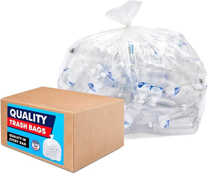 55 Gallon Clear Trash Bags, (50 Bags w/Ties) Large Clear Plastic Recycling Garbage Bags