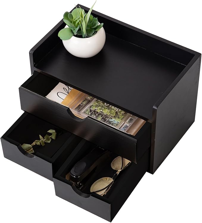 Rustic Distressed white 3-Tier Wood Desk Organizer with 3 Drawers Mini Storage Shelf For Desk, Toiletries Vanity Office Supplies (Black)