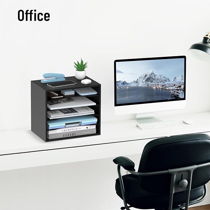 5-Tier Wood Desk Organizer, Paper Tray Organizer for Desk with Adjustable Storage Shelves, Desktop File Organization Paper Sorter Mail Holder for Office Home Classroom, Black