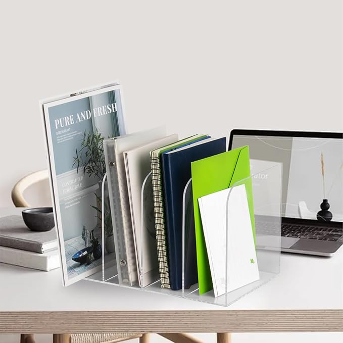 Jumyee Acrylic Magazine File Holder, Vertical Desk File Organizer Sorter with 4 Compartments, Clear Mail Organizer Office Organization Storage Binder Holder for Desk, Magazine, Books
