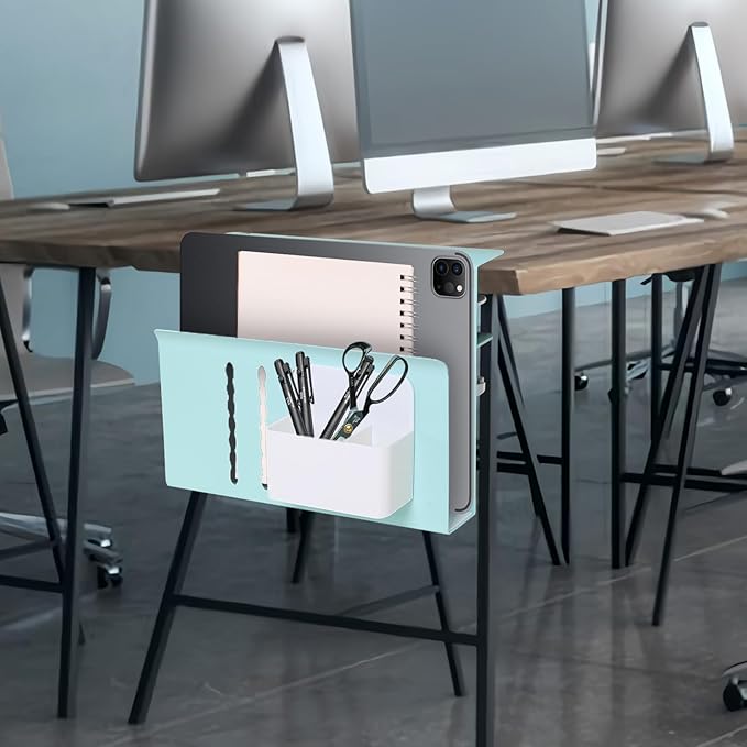 Desk Side Storage Organizer, Under Desk Laptop Holder Clamp on Table Shelf, No Drill Laptop Mount with Magnetic Pen Holder, Hanging Table Organizer for Office and Home