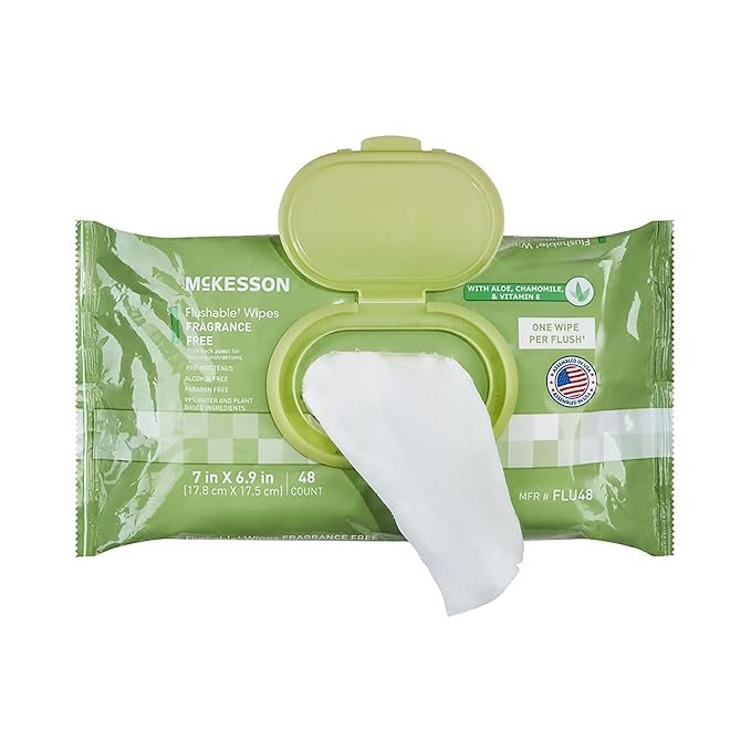 McKesson Adult Flushable Wet Wipes - 144 Count (3 Pack of 48) - Aloe & Vitamin E, Plant-Based Cleansing Wipes, Unscented