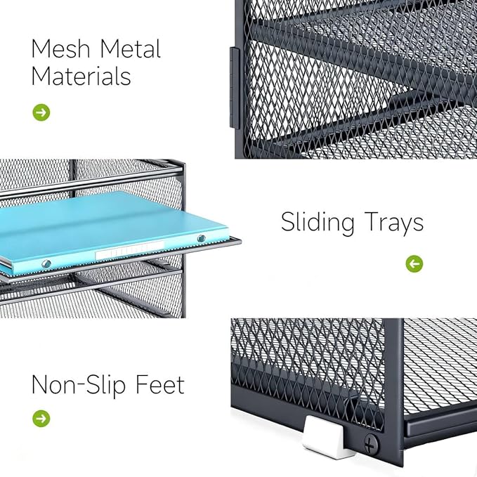 Lavatino 3-Tier Letter Tray Desk Organizer – Grey Mesh Metal Paper File Tray Organizer for Desk, Office Supplies & Home Organization | Fits A4/Letter Paper, Mail, Magazines and Office Accessories