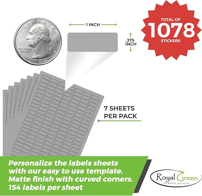 Small Sticky Labels Printable Stickers for Injket Printers in Gray - 1078 Pack, Small Matte Labels 1 inch x 0.375 inch for Laser Printers with Template Included