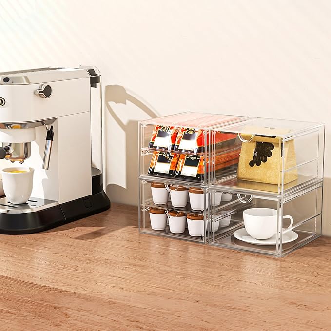 Acrylic Makeup Organizer, 4 Pack Drawer Organizer - Transparent Desktop Storage for Cosmetics, Office Supplies & More - Clear Organizers for Home & Office Use