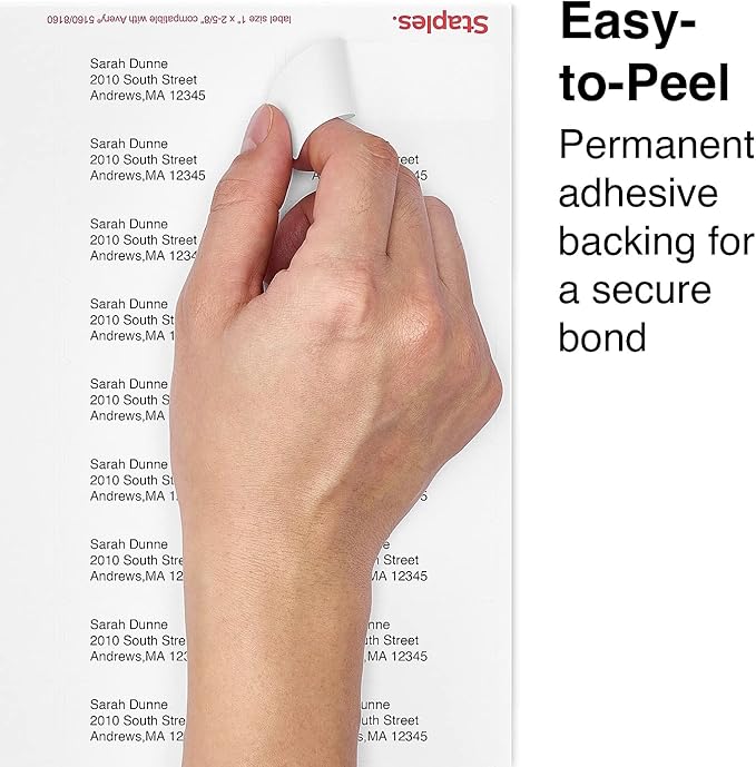 Staples Laser/Inkjet Address Labels, Easy-To-Peel Printable Sticker Paper, 1 x 2-5/8 Inch, 30 Labels Per Sheet, 100-Pack, White