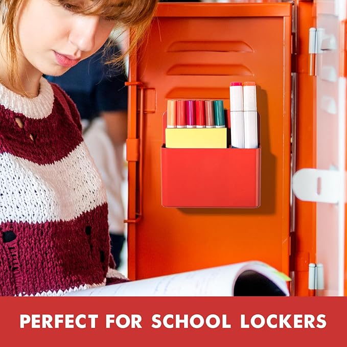 BEYGORM 2 Pack Plastic Magnetic Pen Holder for Refrigerator, Dry Erase Marker Holder for Whiteboard,Magnet School Locker Organizer Accessories, Pencil Cup, Pen Caddy, Classroom Organization(Red)