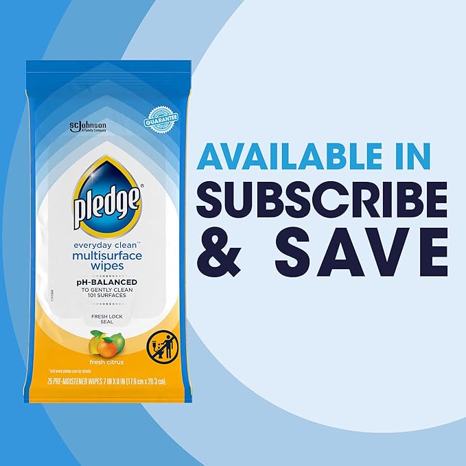 Pledge Multisurface Cleaning Wipes, pH Balanced, Fresh Citrus, 25 Count (Pack of 4, 100 Total Wipes)