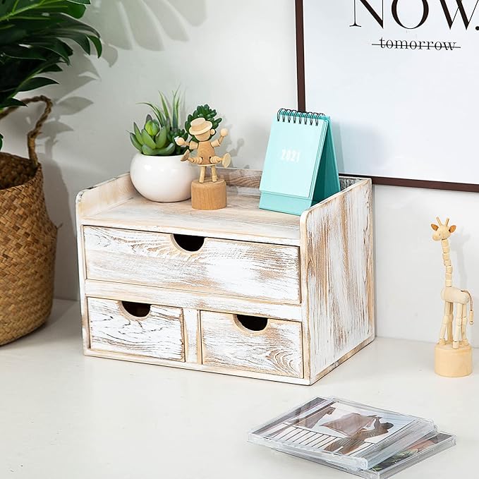 Rustic Distressed white 3-Tier Wood Desk Organizer with 3 Drawers Mini Storage Shelf For Desk, Toiletries Vanity Office Supplies (Vintage white)