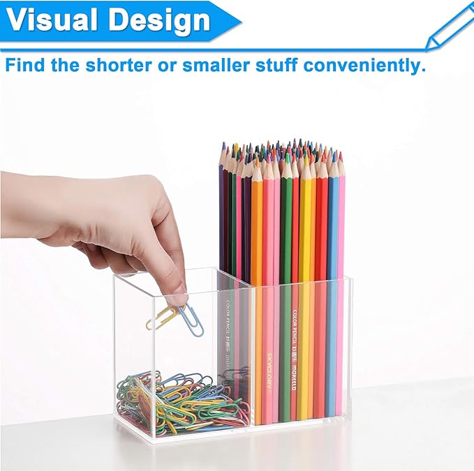 VITVITI Acrylic Pen Holder, Clear Desk Organizer, Pencil Cup Holder for Desk with 4 Compartments, Desktop Stationery Organizer for Home/Office Storage/School/Art Supply, Set of 2