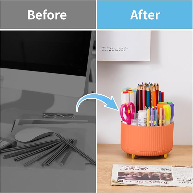 Marbrasse Desk Organizer, 360-Degree Rotating Pen Holder, Desk Organizers and Accessories with 5 Compartments Pencil Holder, Art Supply Storage Box Caddy for Office, Home(Orange)