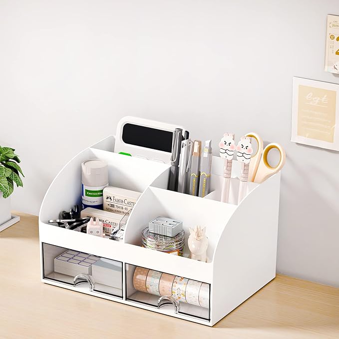 Desk Organizer with 6 Compartments and 2 Drawers, Plastic Makeup Organizer, Pen Holder for Desktop Storage, Desk Organization for School, Home, Office Supplies (White)