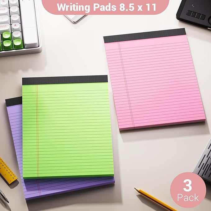 Legal Pads 8.5 x 11 Colored Notepad, 3 Pack Note Pads Wide Ruled Lined Paper, Micro Perforated Writing Pads, 30 Sheet/Note Pads, Notebook Paper Tablet for School, Pink Legal Pad 8.5 x 11