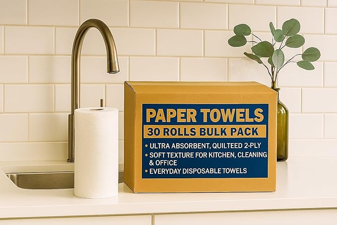 Paper Towels – 30 Rolls Bulk Pack (70 Sheets/Roll) – Ultra Absorbent, Quilted 2-Ply – Soft Texture for Kitchen, Cleaning & Office – Everyday Disposable Towels- MADE IN USA