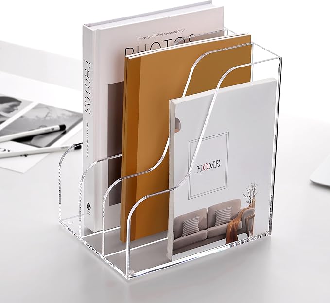 SANRUI Acrylic File Organizer, Compact Desk Organizer for Folders, Binders, Notebooks, Envelopes, Clear Magazine File Holder, 3 Section Bookshelf for School Home Office Organization, A4 Size