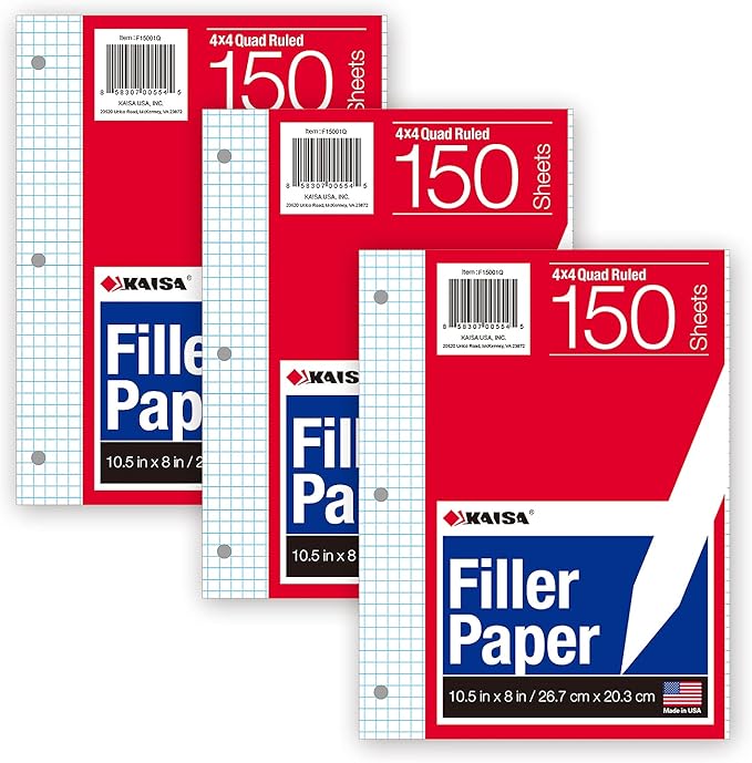 KAISA Graph Paper Filler Paper, 8"x10.5" 4x4 Graph/Quad Rule Filler Paper 3-Hole Punched 1/4inch Grid Paper Loose-Leaf Paper for 3-Ring Binders,150sheet/pack, 3pack F15001Q