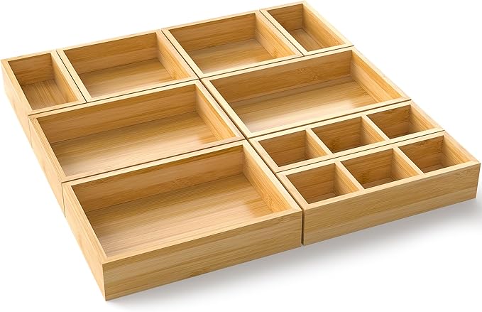 Bamboo Drawer Organizer, Set of 9 Wood Kitchen Junk Tea Desk Office Tray, Wooden Storage Boxes Organizers for Bathroom, Office (2" H 9 Boxes)
