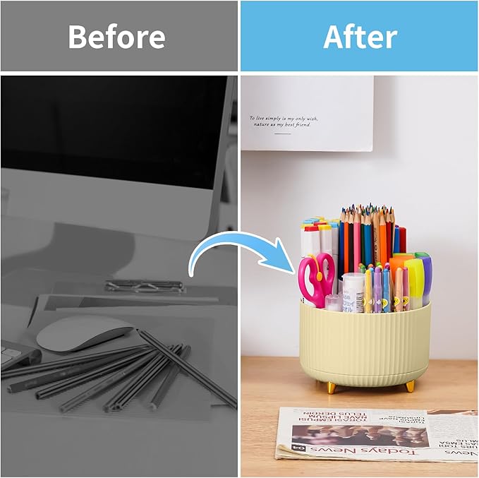 Marbrasse Desk Organizer, 360-Degree Rotating Pen Holder, Desk Organizers and Accessories with 5 Compartments Pencil Holder, Art Supply Storage Box Caddy for Office, Home (Yellow)