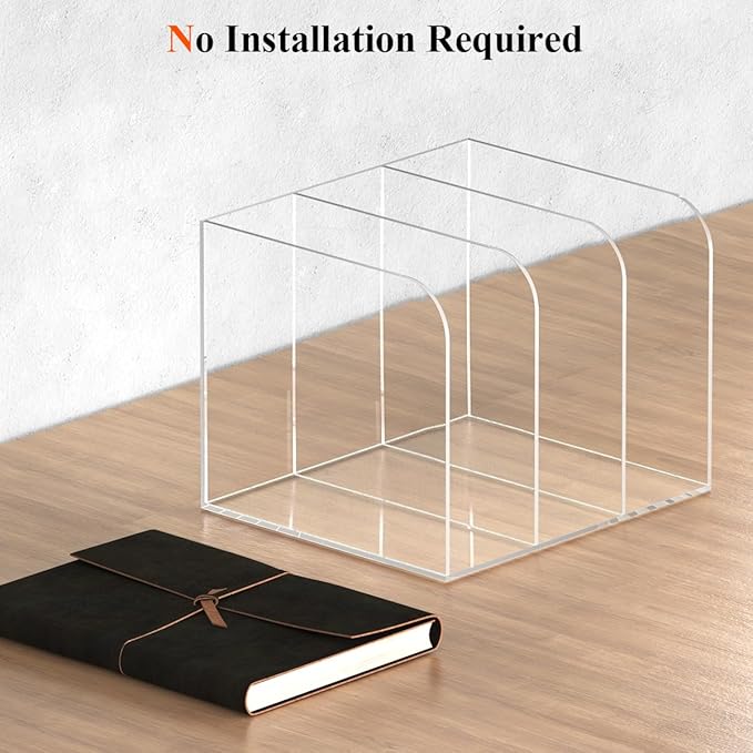 Jumyee Acrylic Magazine Holder with 3 Vertical Compartments, Clear Desk Mail Organizer Magazine File Rack, Book Holder Paper Folder Binder Holders Office Organization for Desk Accessories