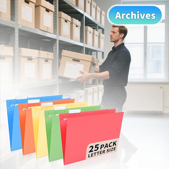 25-Pack Assorted Hanging File Folders,Letter Size with 35 Transparent Label Cards,50 Sticker Labels,1/5-Cut Tabs–Home Office & Filing Cabinets