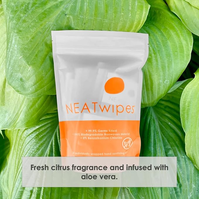 NEATwipes Hand Sanitizing Wipes | Travel Size | Disposable Wet Wipe & Biodegradable | Fresh Citrus Essential Oil | Soothing Aloe Vera | 24 Individually Wrapped Wipes