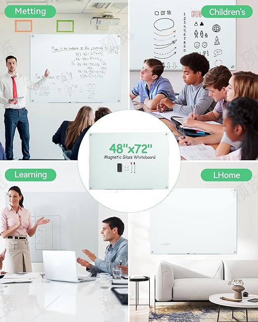 VUSIGN 48" x 72" Glass Dry Erase Board, Magnetie White Boards for Walls, Large Frameless Glass White Board, Minimalist Style, Includes 4 Magnets, 2 Markers, and 1 Eraser for Classroom, Home, Office