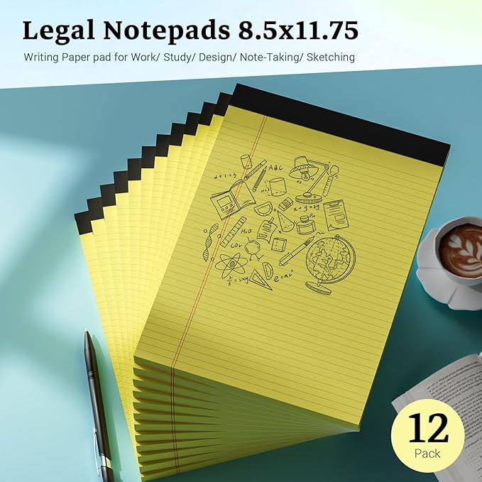 Yellow Legal Pad, 8.5 x 11 College Ruled Notepad, 12 Pack Legal Notepads 8.5 x 11 Writing Pads, 30 Sheets Per Note Pad, Micro Perforated Lined Paper 8.5 x 11 for Work Study Daily Note Taking List