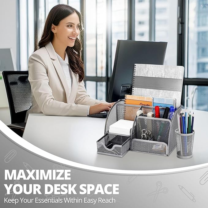 Flexzion Desk Caddy Organizer Set (Silver Gray) - Metal Mesh Desktop Caddy with Drawers, 6 Compartments, and Pencil Holder for Women & Men - Desktop Organizer and Storage for Work or Office Supplies