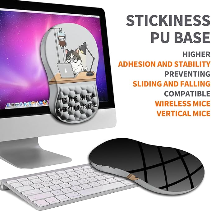 Ergonomic Joint Wrist Support Mouse Pad with Memory Foam Cushion Massage Bump, Carpal Tunnel Pain Relief Mousepad Slope Design for Wrist Rest, 11.8x7.9 in, Funny Coffee Cat