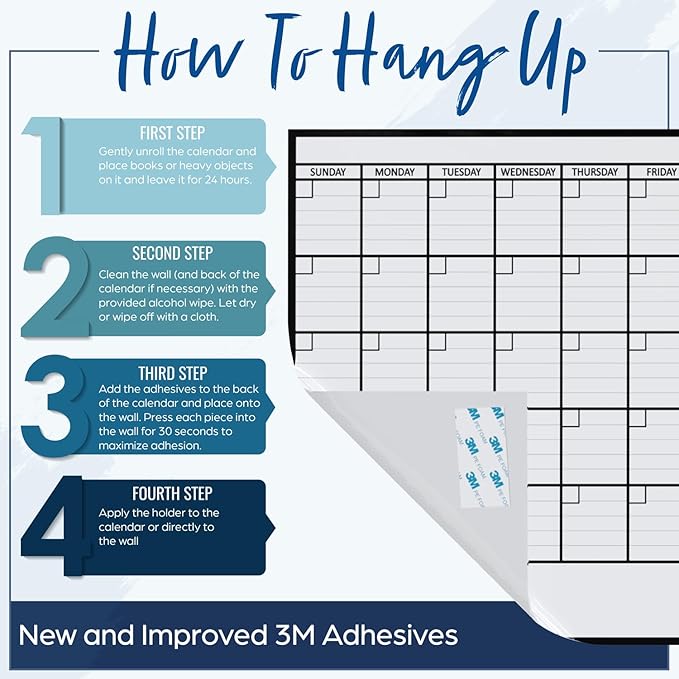 Yearly Dry Erase Calendar for Wall, 45x55, 12 Month Wall Calendar Dry Erase, Full Year White Board for Office, Home & School, Giant Annual Erasable Whiteboard, Jumbo Undated White Board Planner