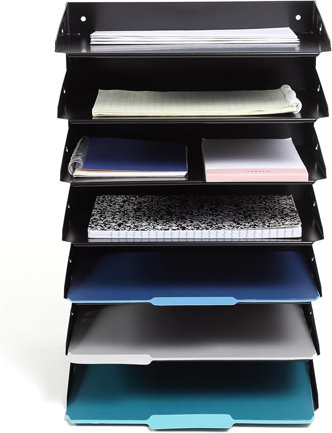 Huron Desktop Horizontal 7-Slot File Binder Organizer Storage Letter Tray, Black Commercial Grade Steel