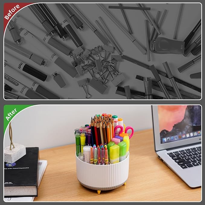 Marbrasse Desk Organizer, 360-Degree Rotating Pen Holder, Desk Organizers and Accessories with 5 Compartments Pencil Holder, Art Supply Storage Box Caddy for Office, Home (White+Grey)