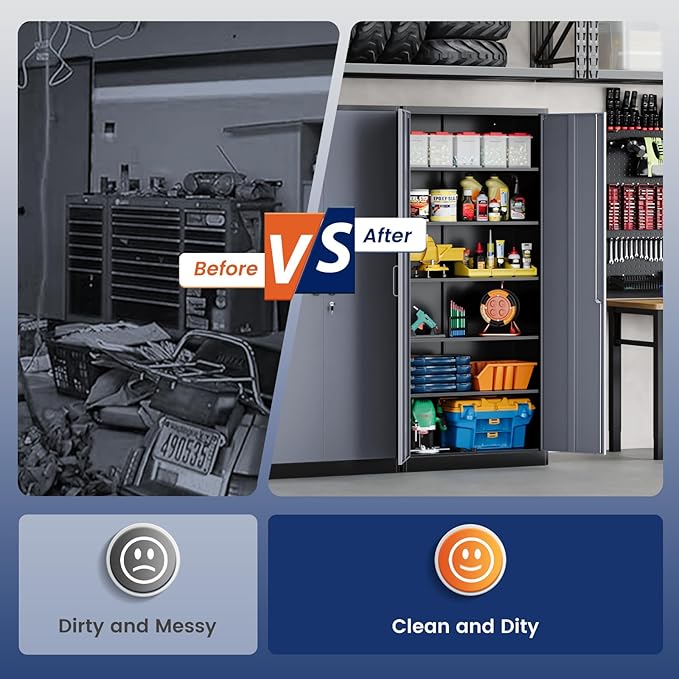 Yizosh Metal Garage Storage Cabinet with 2 Doors and 5 Adjustable Shelves - 71" Steel Lockable File Cabinet,Locking Tool Cabinets for Office,Home,Garage,Gym,School (Gray Black)