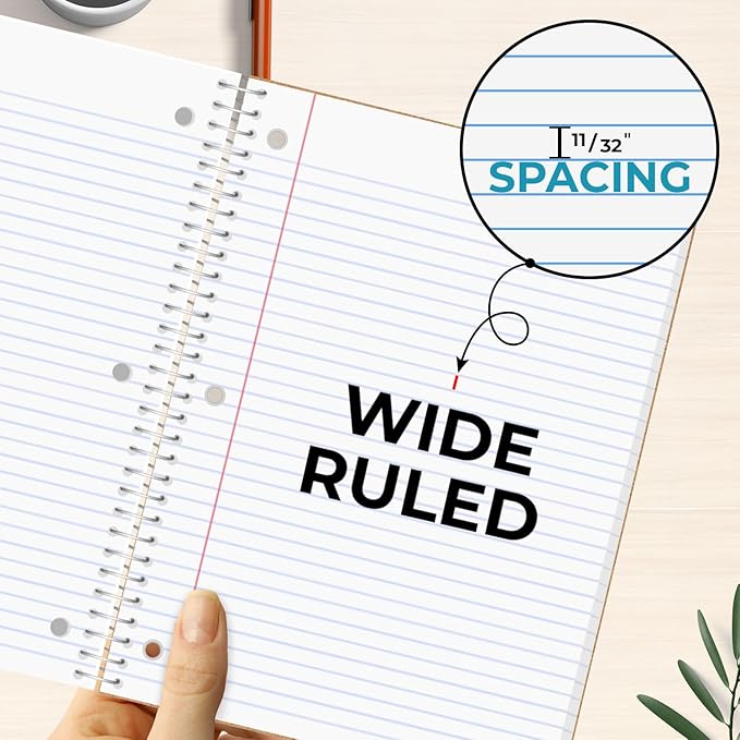 Rosmonde 3 Subject Notebook Wide Ruled, 6 Pack, Long Lasting, Extra Pages - 300 Pages (150 Sheets), No-Bleed Thick Paper, 3 Hole Punched, 8x10-1/2, 3 Subject Spiral Notebook for School, Home & Office