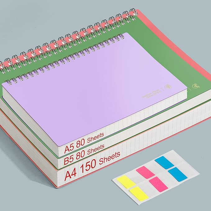 EMSHOI A4 Spiral Notebook Lined Journal, 300 Pages, College Ruled, 100gsm Thick Paper, Waterproof Softcover, Twin-Wire Binding, with Sticky Notes, Green (11.2" x 8.27")