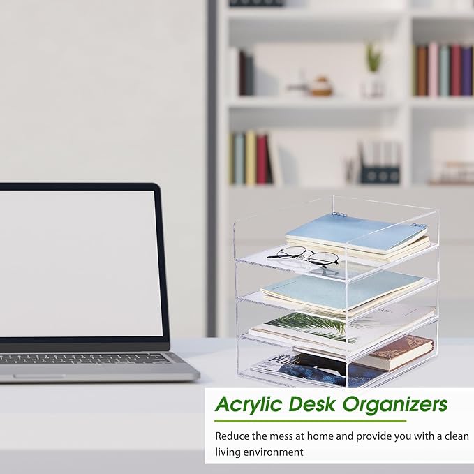 Harloon 4 Tier Acrylic Paper Tray 12 x 9.3 x 2.7 Inches Stackable Letter Clear Organizer No Need to Assemble Acrylic Paper File Organizer for Office Workspace Desktop Storage(Transparent)