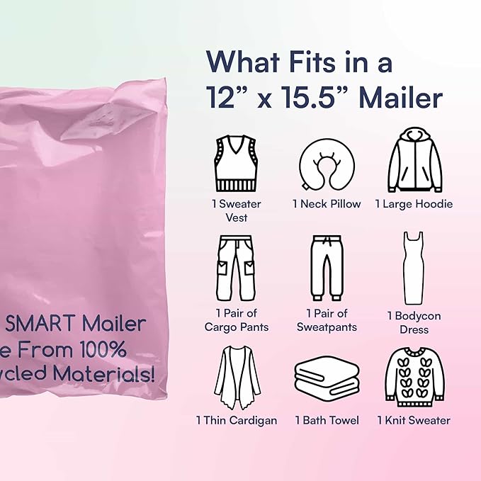 100 Count, 12x15.5 inch 100% Recycled Poly Mailers Eco Friendly Packaging Envelopes Supplies Mailing Bags 2.5 Mil Thick - SMART Mailer