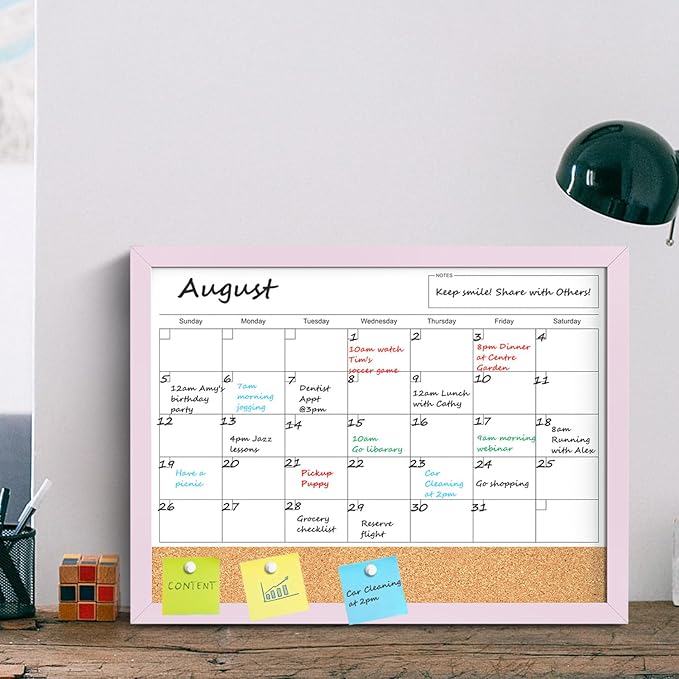 Dry Erase Calendar Cork Board Combo, 18x24 Inches Calendar Whiteboard for Wall, Magnetic White Board with Pink Wood Framed, Dry Erase Board for Planner Office Kitchen Home Memo