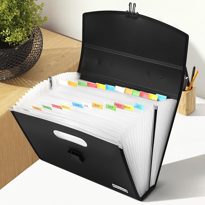 Uquelic 26 Pockets Expanding File Folder Organizer - Upgraded Durable Buckle, Accordion Folder Base with Ergonomic Portable Handle/Large A4 Letter Size Document Organizer, Folders with Pockets