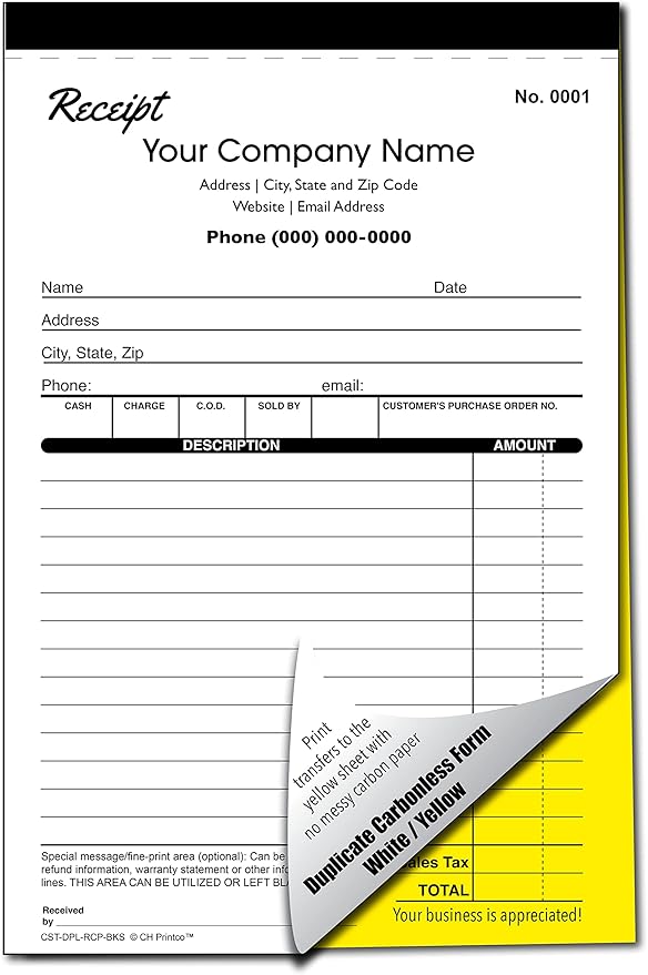 Custom Duplicate Receipt Books with Your Company Name. 2 Books (100 Sets) Numbered.