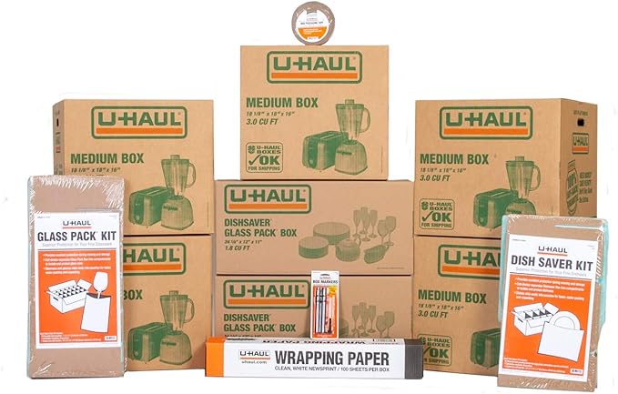 U-Haul Kitchen Moving Kit – Includes 1 Dish Packing Kit, 1 Glass Packing Kit, 5 Medium Boxes, Packing Paper, Cushion Foam, Tape, 2 Box Markers, and 1 Box Knife