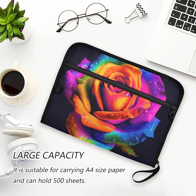 Colorful Roses Blooming Expandable Filing Folder, 13 Pockets A4 Letter Size Document Organizer with Sticky Labels for Office, School, Boys, Girls