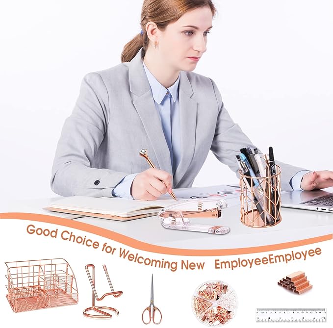 Rose Gold Desk Organizers and Accessories Office Supplies Set Stapler, Pen Holder, Phone Holder, Scissors, Pen, Ruler, 30 Paper Clips, 22 Binder Clip, 20 Tacks and 1000pcs Staples