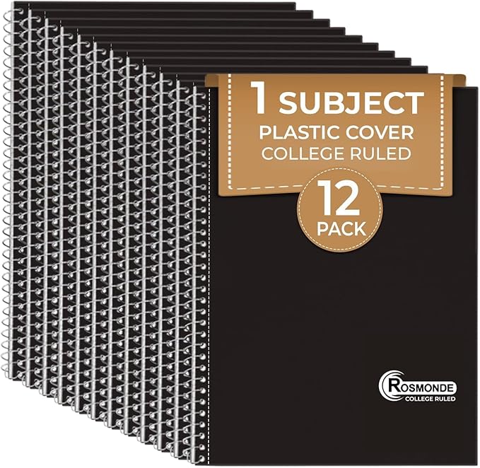 Rosmonde 1 Subject Spiral Notebook, 12 Pack, College Ruled, Water Resistant Cover, Thick 140 Pages/Book (70 Sheets), 8 x 10-1/2, 3 Hole, Bulk School & Office, Black Cover