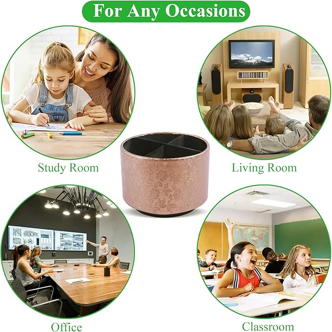 lizimandu Round Leather Art Supply Organizer,Remote Control Holder,360 Degree Spinning,Multi-Functional Pencil Holder,4 Compartments Desktop Stationary Organizer(1-Liuli Cooper)